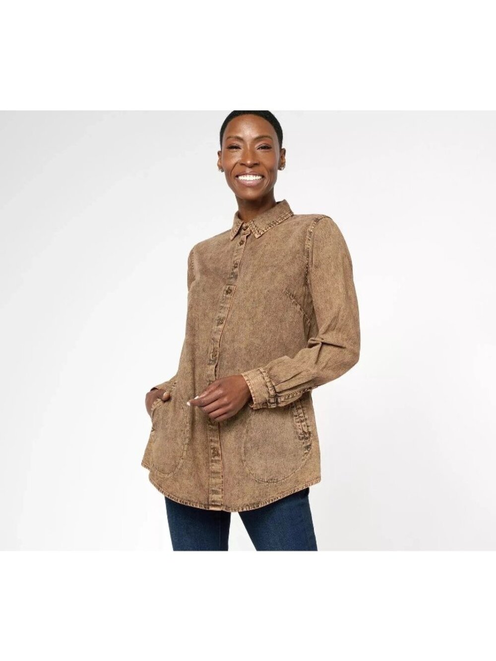Joan Rivers Denim Shirt XXS Regular Vintage Washed Pockets Ginger Wash Neutral